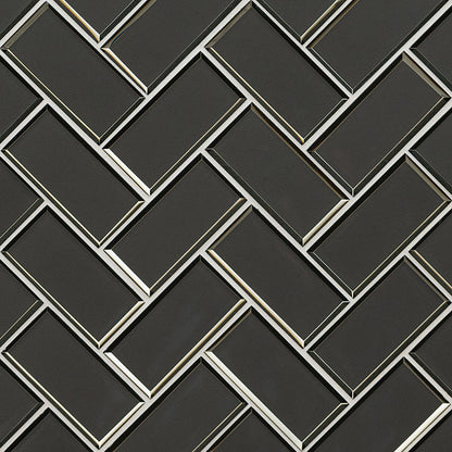 2x4 Metallic Herringbone Mosaic Metallic-Look Glossy Beveled Glass Tile Dark Gray