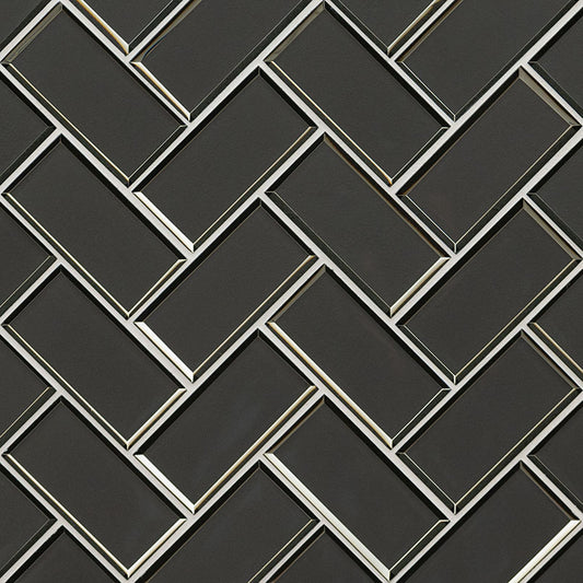 2x4 Metallic Herringbone Mosaic Metallic-Look Glossy Beveled Glass Tile Dark Gray
