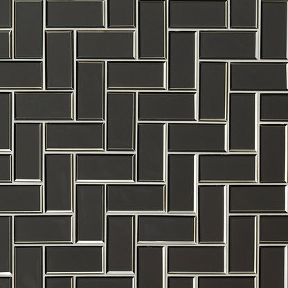 2x4 Metallic Herringbone Mosaic Metallic-Look Glossy Beveled Glass Tile Dark Gray