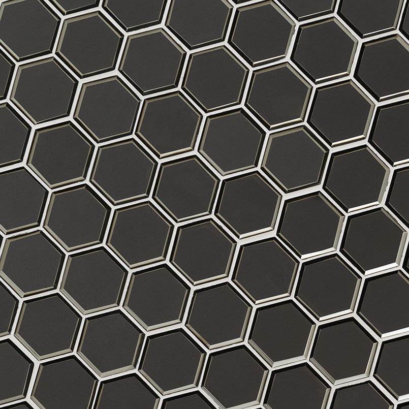 3'' Metallic Hexagon Mosaic Metallic-Look Metallic Beveled Glass Tile Dark Gray
