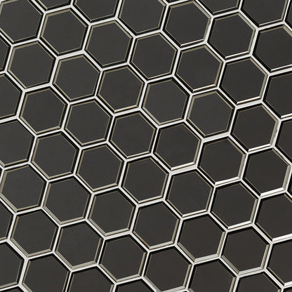 3'' Metallic Hexagon Mosaic Metallic-Look Metallic Beveled Glass Tile Dark Gray