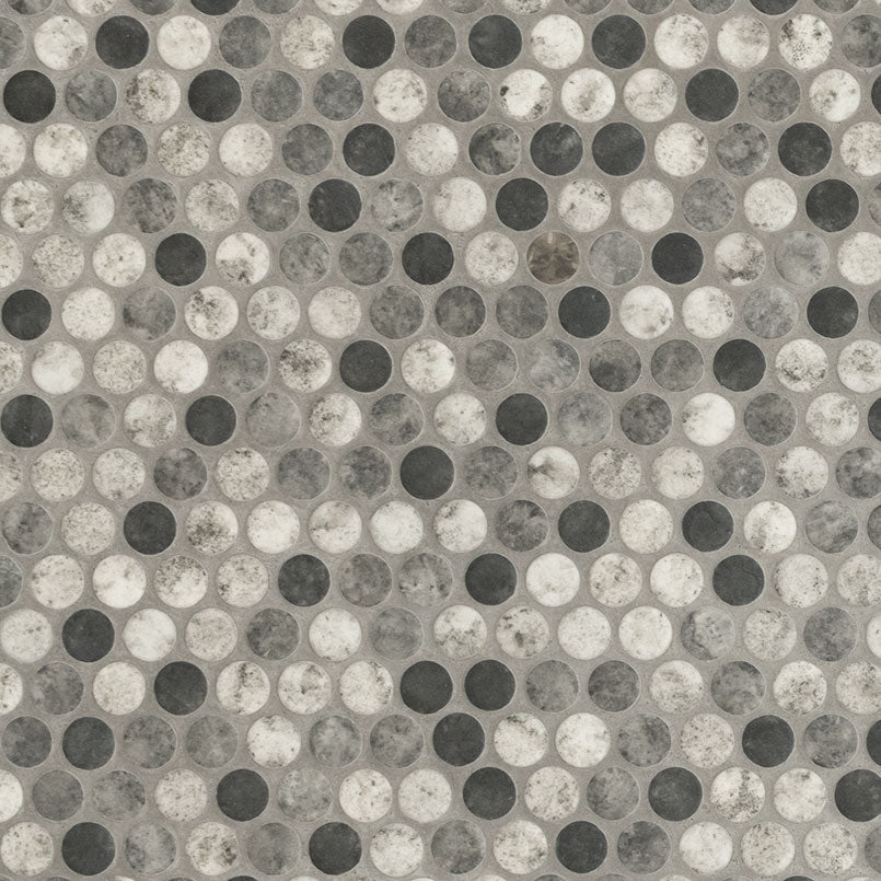 12x12 Urban Circle Penny Round Mosaic Stone-Look Matte Smooth Glass Tile Gray Black