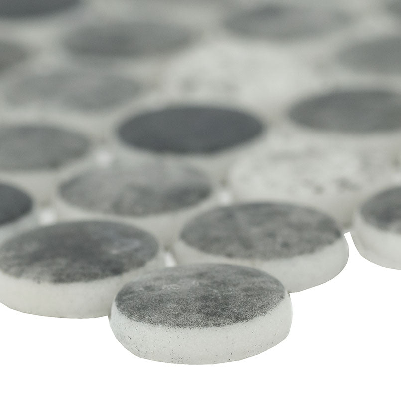 12x12 Urban Circle Penny Round Mosaic Stone-Look Matte Smooth Glass Tile Gray Black