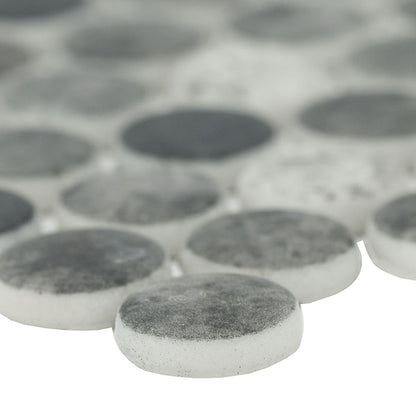 12x12 Urban Circle Penny Round Mosaic Stone-Look Matte Smooth Glass Tile Gray Black