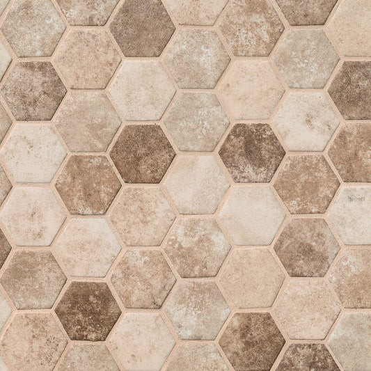 12x12 Sandhills Hexagon Mosaic Stone-Look Matte Smooth Glass Tile Brown Beige