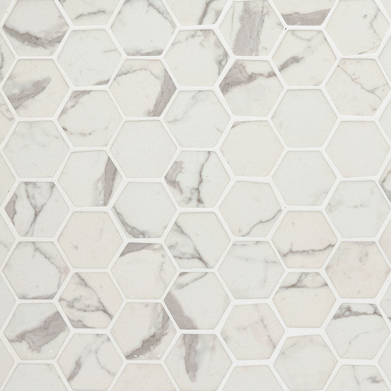 2'' Statuario Hexagon Mosaic Marble-Look Matte Smooth Glass Tile Gray Beige