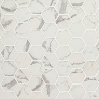 2" Statuario Hexagon Mosaic Marble-Look Matte Smooth Glass Tile