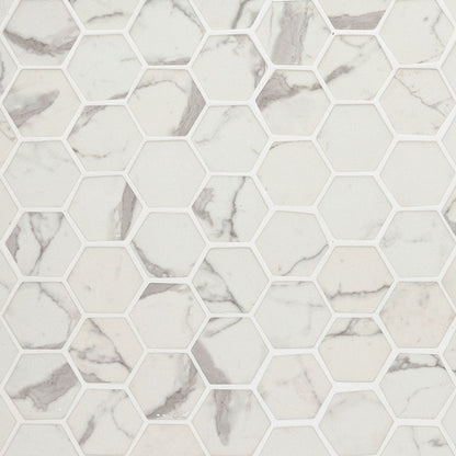 2'' Statuario Hexagon Mosaic Marble-Look Matte Smooth Glass Tile Gray Beige