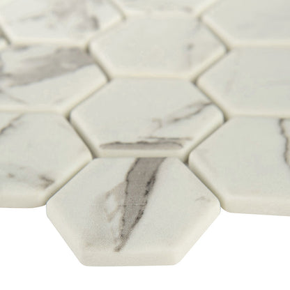 2'' Statuario Hexagon Mosaic Marble-Look Matte Smooth Glass Tile Gray Beige