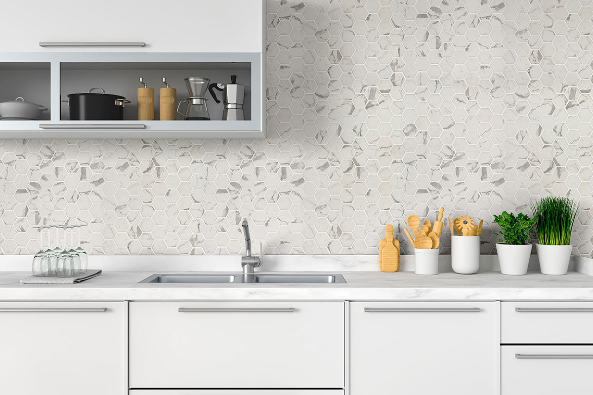 2'' Statuario Hexagon Mosaic Marble-Look Matte Smooth Glass Tile Gray Beige