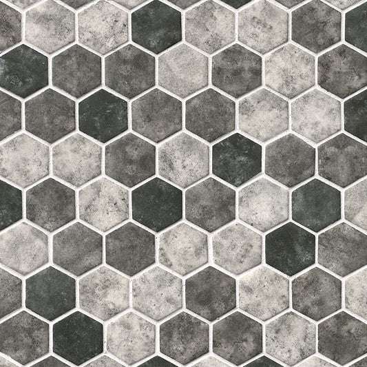 2 Urban Hexagon Mosaic Stone-Look Matte Smooth Glass Tile Gray Black