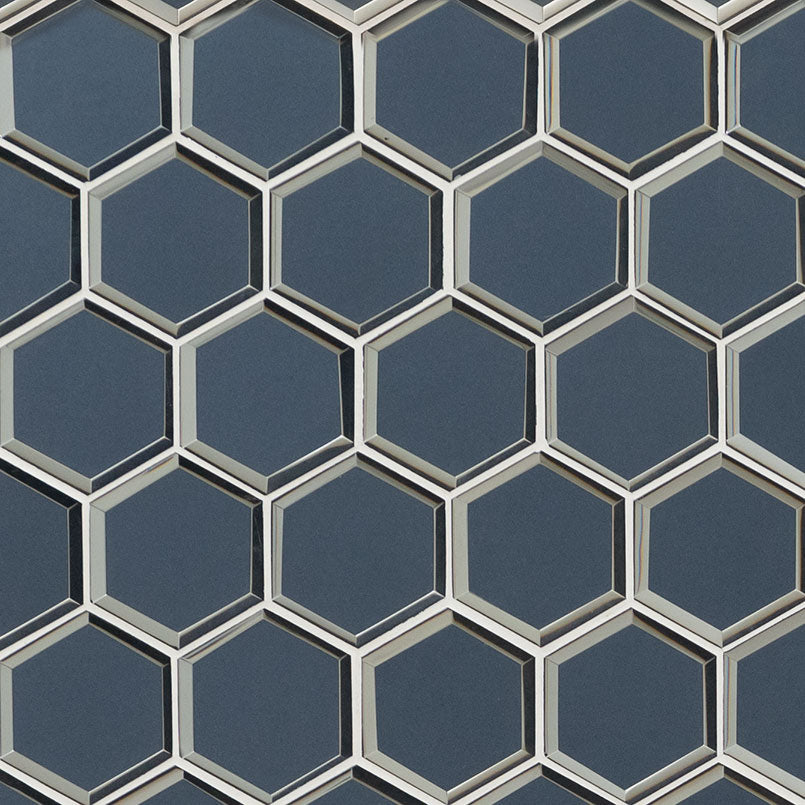 3'' Vague Hexagon Mosaic Solid-Color Glossy Beveled Glass Tile Gray Blue