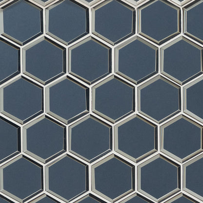 3'' Vague Hexagon Mosaic Solid-Color Glossy Beveled Glass Tile Gray Blue