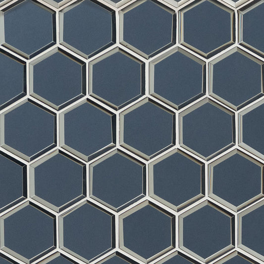 3'' Vague Hexagon Mosaic Solid-Color Glossy Beveled Glass Tile Gray Blue