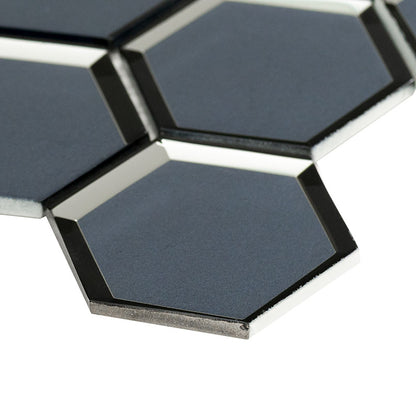 3'' Vague Hexagon Mosaic Solid-Color Glossy Beveled Glass Tile Gray Blue