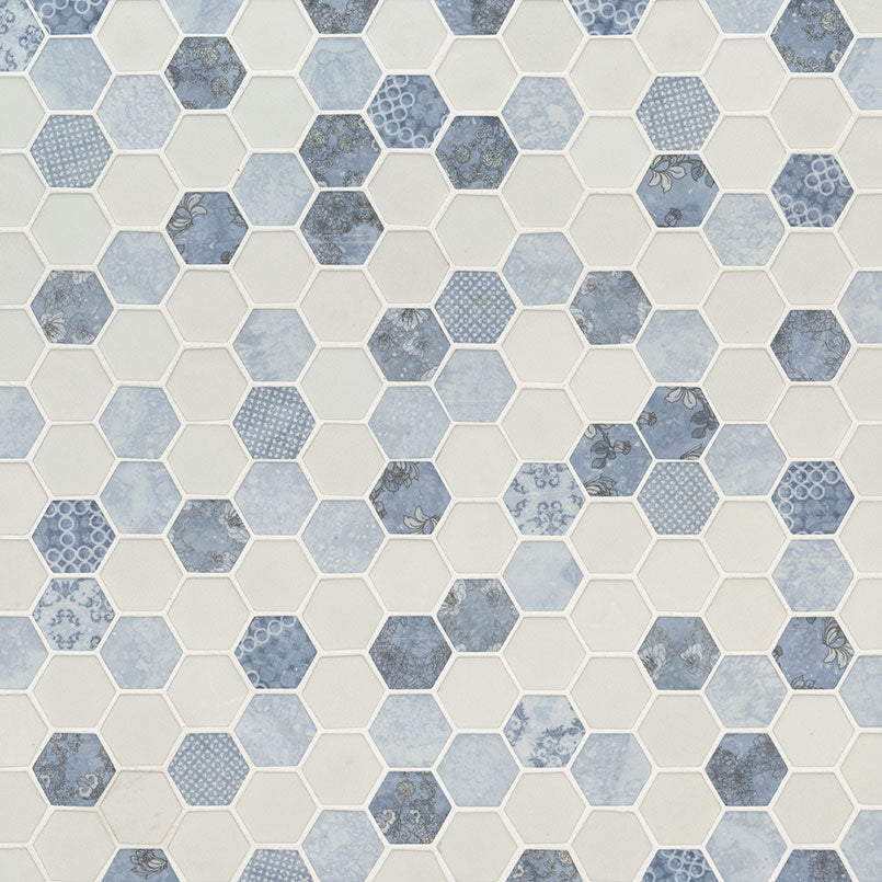 12x12 Vista Azul Hexagon Mosaic Stone-Look Matte Smooth Glass Tile White Blue