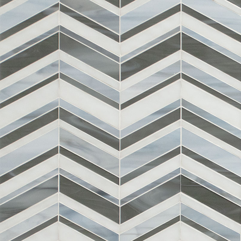 12x12 Urban Chevron Mosaic Mixed-Color Glossy Textured Glass Tile Gray Blue