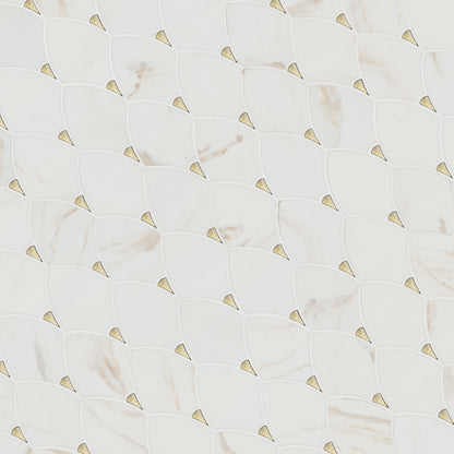 12x12 Citadel Petal Floral Trident Mosaic Marble-Look Matte Smooth Glass Tile Beige Gold