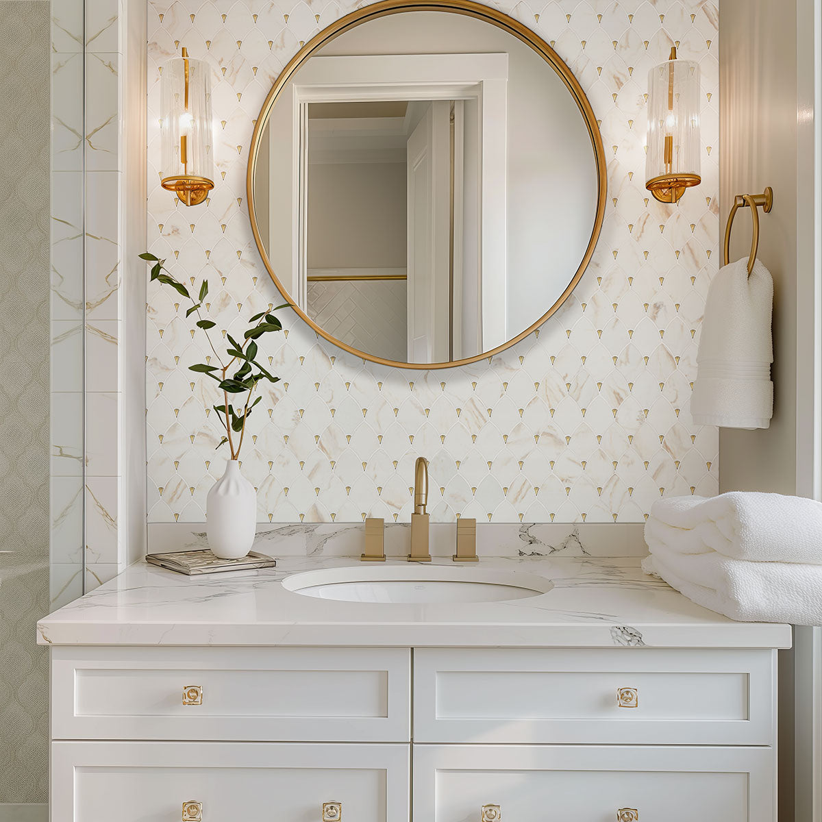 12x12 Citadel Petal Floral Trident Mosaic Marble-Look Matte Smooth Glass Tile Beige Gold