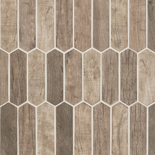 12x12 Driftwood Picket Mosaic Wood-Look Matte Smooth Glass Tile Beige Brown
