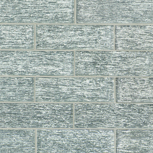 2x6 Chilcott Patterned Metallic-Look Glossy Textured Glass Tile Silver Green