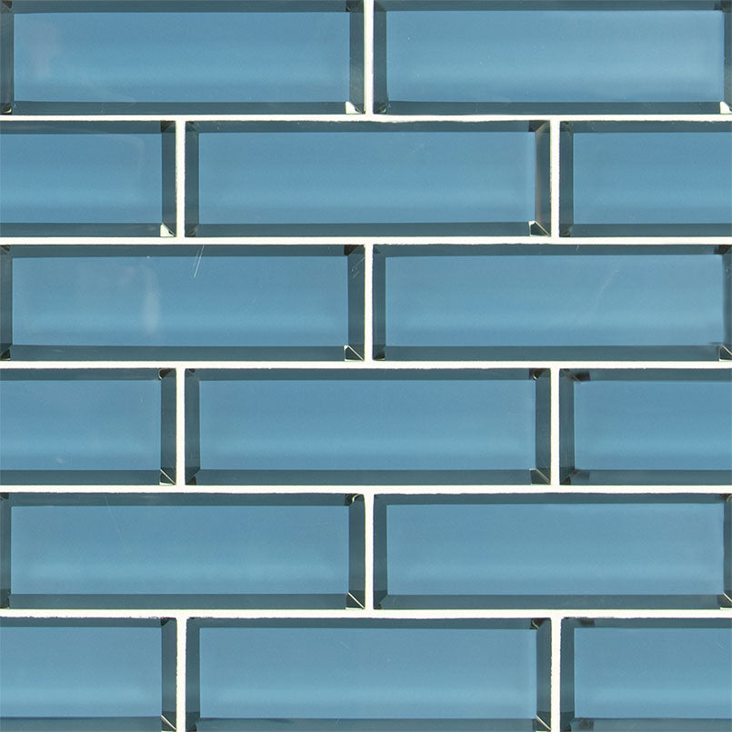 2x6 Haiku Solid-Color Glossy Beveled Glass Tile Medium Blue
