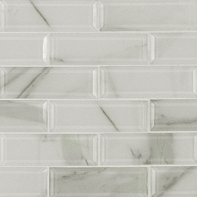2x6 Ivory Patterned Marble-Look Glossy Beveled Glass Tile White Gray