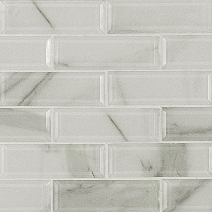 2x6 Ivory Patterned Marble-Look Glossy Beveled Glass Tile White Gray
