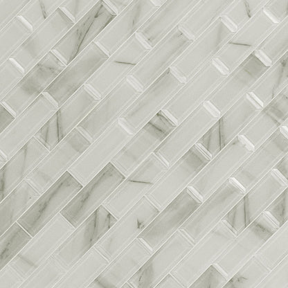 2x6 Ivory Patterned Marble-Look Glossy Beveled Glass Tile White Gray