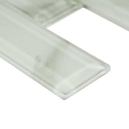 2x6 Ivory Patterned Marble-Look Glossy Beveled Glass Tile White Gray
