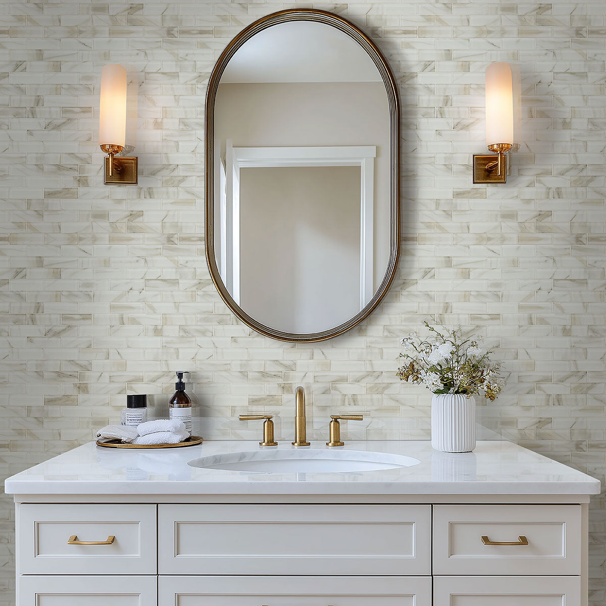 2x6 Ivory Patterned Marble-Look Glossy Beveled Glass Tile White Gray