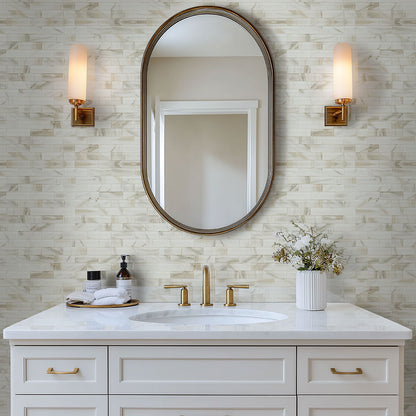 2x6 Ivory Patterned Marble-Look Glossy Beveled Glass Tile White Gray
