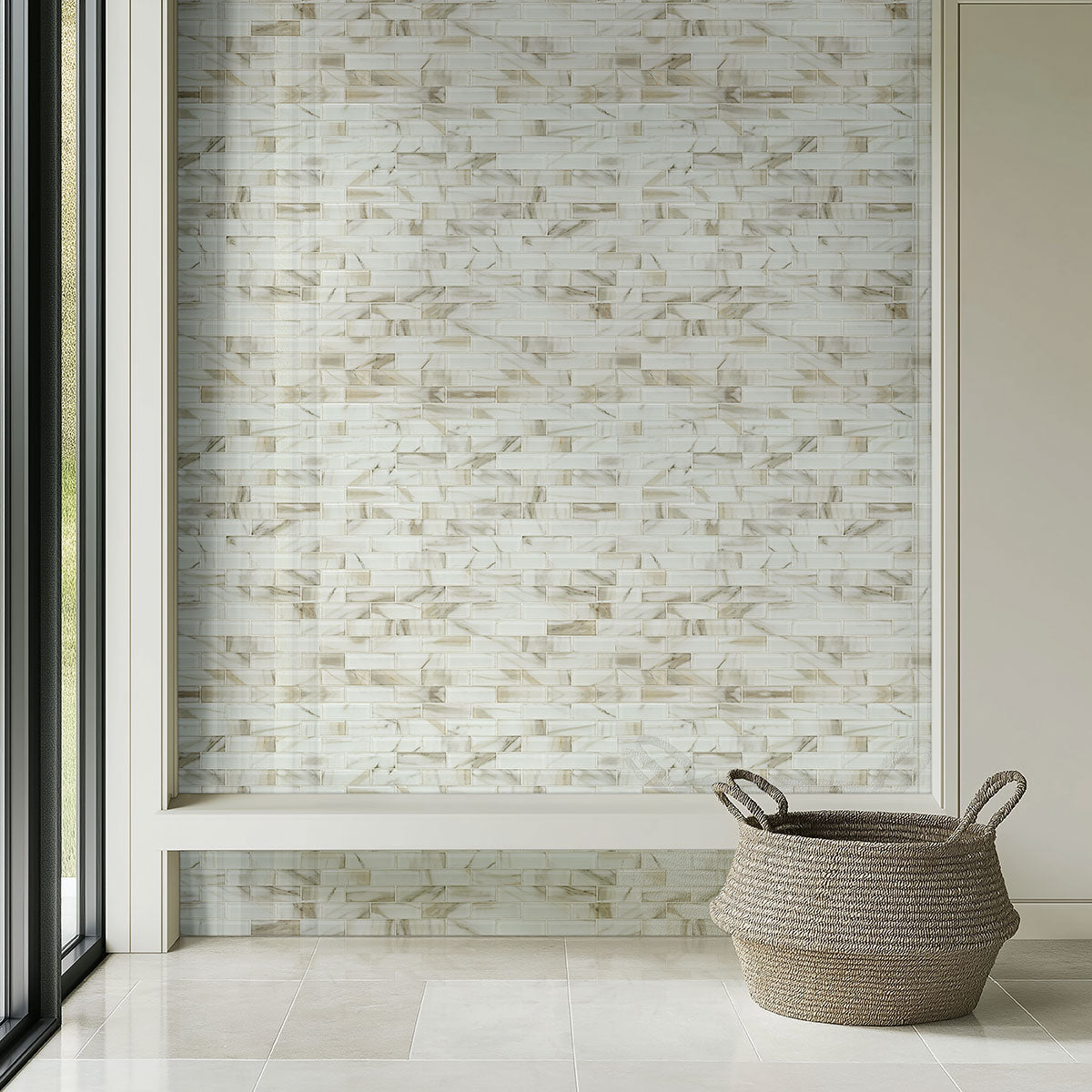 2x6 Ivory Patterned Marble-Look Glossy Beveled Glass Tile White Gray