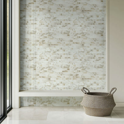 2x6 Ivory Patterned Marble-Look Glossy Beveled Glass Tile White Gray