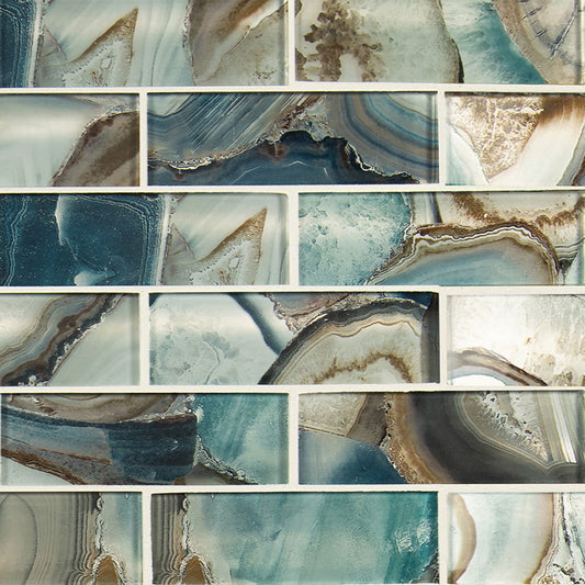 2x6 Night Mosaic Marble-Look Glossy Smooth Glass Tile Blue Beige