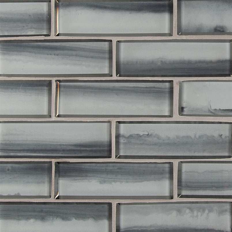 2x6 Ombre Patterned Marble-Look Matte Smooth Glass Tile Gray White