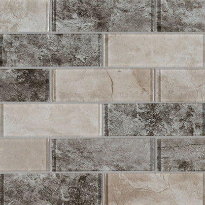 2x6 Savoy Mosaic Stone-Look Glossy Smooth Glass Tile Beige Gray
