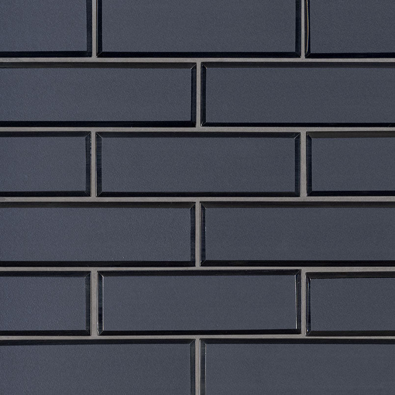 2x6 Vague Solid-Color Glossy Beveled Glass Tile Dark Blue