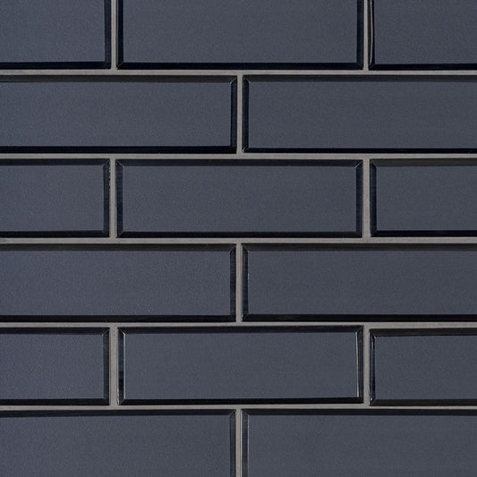 2x6 Vague Solid-Color Glossy Beveled Glass Tile Dark Blue