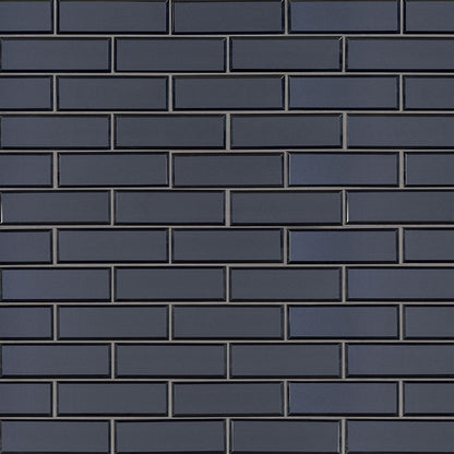 2x6 Vague Solid-Color Glossy Beveled Glass Tile Dark Blue