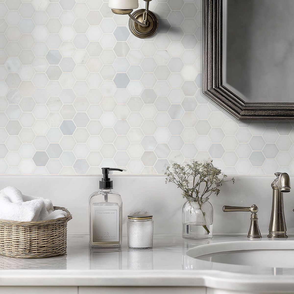 12x12 Greecian Hexagon Mosaic Natural-Look Polished Smooth Marble Tile Soft Gray