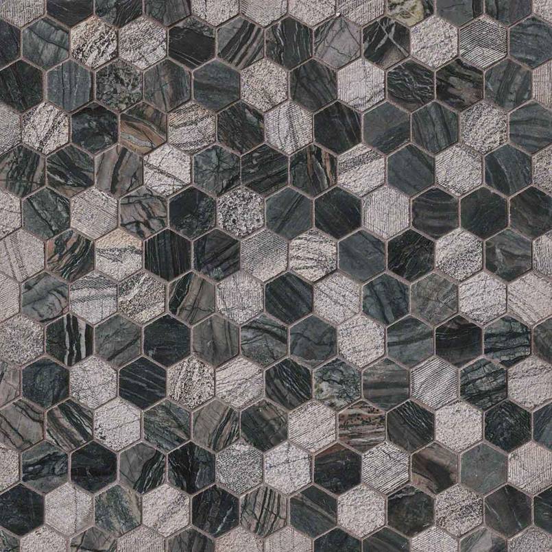 12x12 Henley Hexagon Mosaic Natural-Look Polished Textured Marble Tile Black Beige