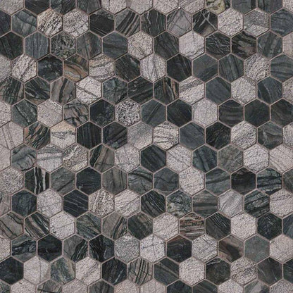 12x12 Henley Hexagon Mosaic Natural-Look Polished Textured Marble Tile Black Beige