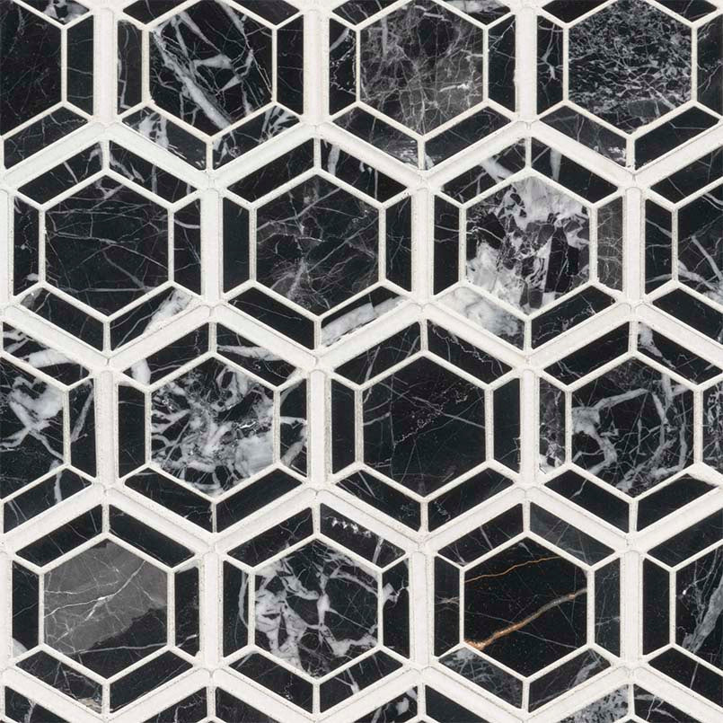 12x12 Hexagono Hexagon Framed Border Mosaic Natural-Look Polished Smooth Marble Tile Black White