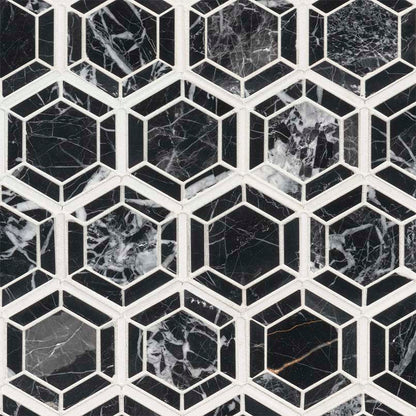 12x12 Hexagono Hexagon Framed Border Mosaic Natural-Look Polished Smooth Marble Tile Black White