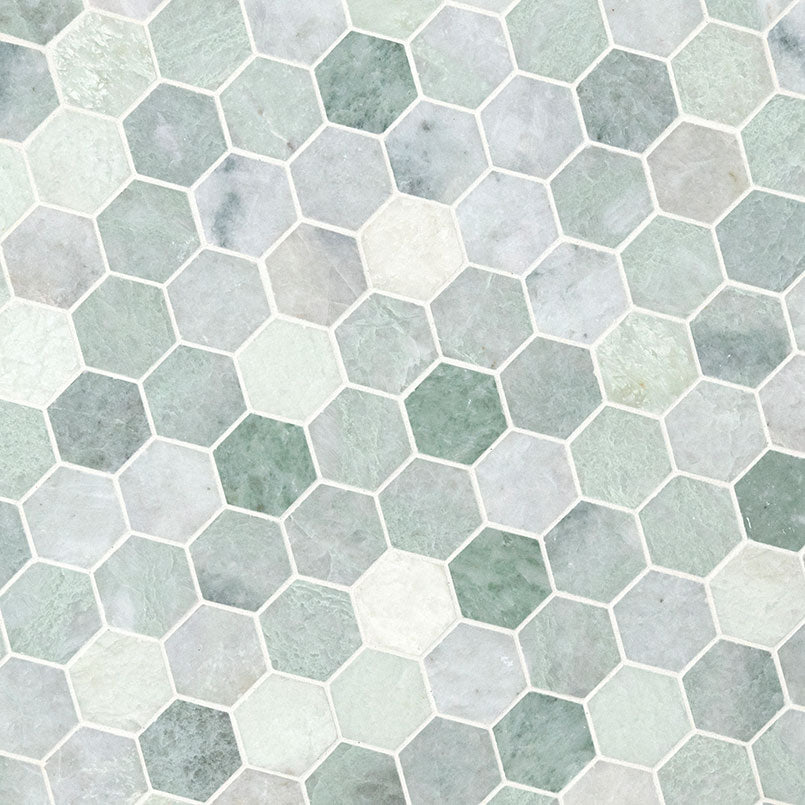 2'' Iceland Hexagon Mosaic Natural-Look Polished Smooth Marble Tile White Green