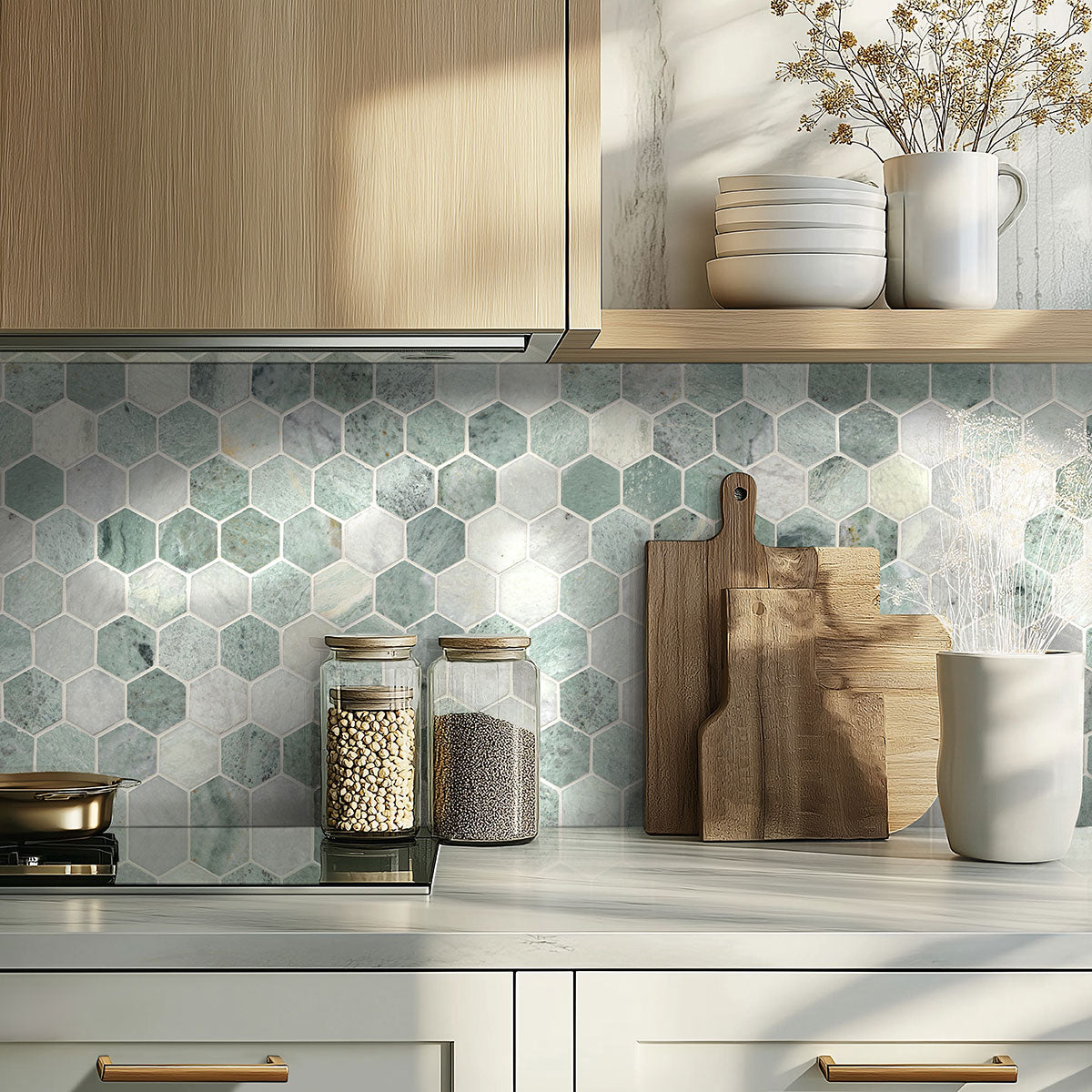 2'' Iceland Hexagon Mosaic Natural-Look Polished Smooth Marble Tile White Green