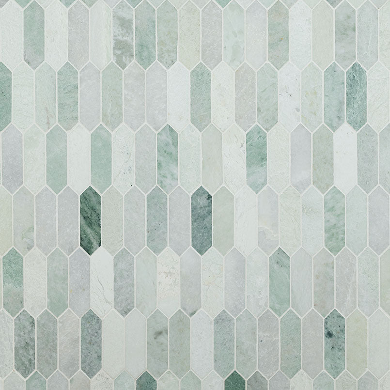 12x12 Iceland Picket Mosaic Natural-Look Polished Smooth Marble Tile White Green