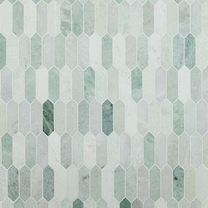 12x12 Iceland Picket Mosaic Natural-Look Polished Smooth Marble Tile White Green