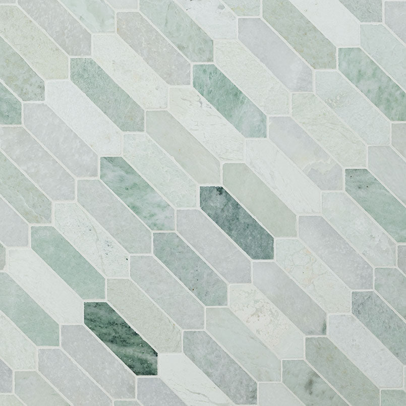 12x12 Iceland Picket Mosaic Natural-Look Polished Smooth Marble Tile White Green